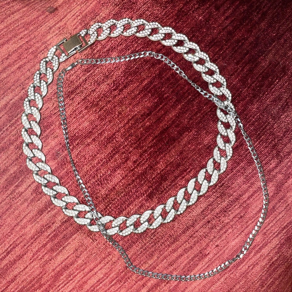 NICE!!! Silver-Toned‎ Iced-Out Cuban Link Chain 18" Necklace & 20" Curb Chain